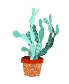 a painting of a cactus in a pot with polka dots on the bottom and an orange base