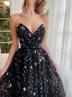 Cosmic Confessions Midi Dress | Teuta Matoshi Evermore Fashion, Dream Prom, Custom Prom Dress, Womens Sheath Dress, Timeless Chic, Theme Dress, Fantasy Dresses, Strapless Neckline, Ribbon Belt