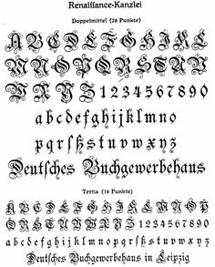 an old english alphabet with the letters and numbers in different styles, including one for each letter