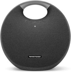 the harmo bluetooth portable speaker is shown in this black color, and has an oval