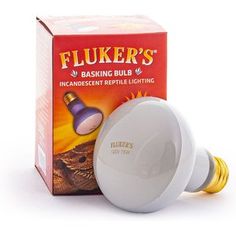 a white light bulb sitting next to a box of fluker's basking bulb