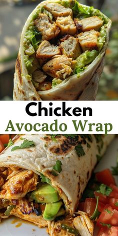 the chicken avocado wrap is cut in half and stacked on top of each other