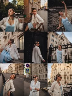 the collage shows several photos of women in white outfits and blue dresses, posing for pictures