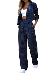 Shop Drestiny for Women's Pant Suits - Striped Crop Blazer & Straight Wide Leg Pants. Save up to 50% off now! Free shipping + tax covered. As seen on FOX/NBC/CBS. Blazer E Short, Work Formal, Work Coat, Suit Pattern, Two Piece Pants Set, Pantsuits For Women, Blazer And Shorts, Casual Stripes, Striped Blazer