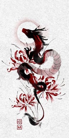 Red Dragon Tattoo For Women, Black Red Tattoo Design, Red Dragon And Flowers Tattoo, Abstract Dragon Tattoo, Orientalism Art Tattoo, Chinese Dragon With Flowers Tattoo, Red Dragon Aesthetic, Red Dragon With Flowers Tattoo, Red Dragon Black Flowers Tattoo