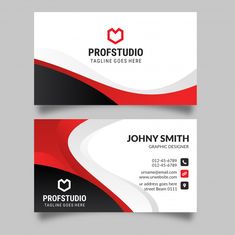 a business card with black and red wavy lines on the front, and white background