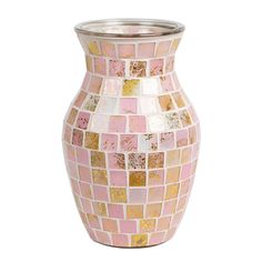 a pink and gold mosaic vase on a white background