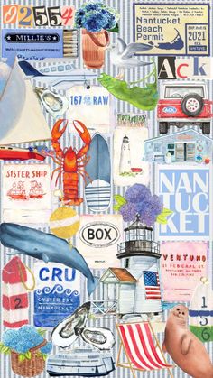 a collage of various items on a blue and white striped background with the words nann - to - sea written in large letters