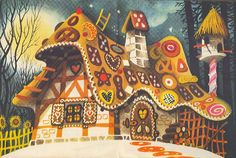 a painting of a gingerbread house in the woods