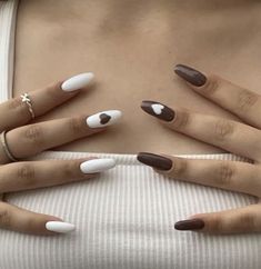 Brown And White Heart Nails, White Nail Aesthetic, Nails Brown And White, White And Brown Nails, Nail Inspiration White, Brown And White Nails, Burgendy Nails, Mom Nails, Burgundy Acrylic Nails