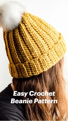 a woman wearing a knitted beanie with the text free pattern ribbed beanie beginner crochet project