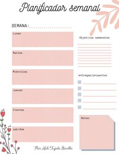 a printable planner with pink flowers and leaves on the side, in front of a white