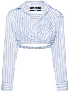 light blue/white/black cotton poplin texture vertical stripe pattern spread collar drop shoulder long sleeves buttoned cuffs twist detailing elasticated band cropped concealed press-stud fastening concealed front button fastening Fantasy Gowns, Stripe Top, Blue White And Black, Summer Beach Wear, Crop Shirt, Cotton Style, Cotton Poplin, Stripes Pattern, Elastic Band