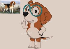 a cartoon dog with glasses on its face and a photo of it's owner in the background