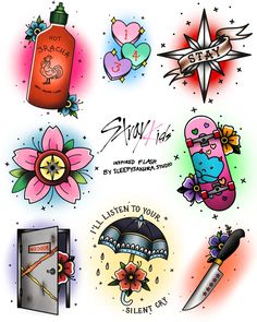 an assortment of tattoo designs on a white background