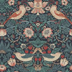 an intricately designed wallpaper with birds and flowers