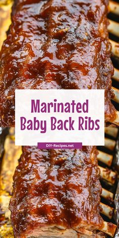 marinated baby back ribs on a grill with bbq sauce in the background and text overlay