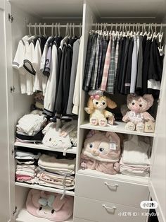 an organized closet with stuffed animals and clothes