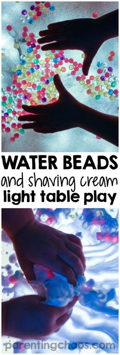 water beads and shaving cream light table play for kids with hands on the table