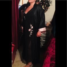 Beautiful Black Lined Chiffon Gown With Floral Appliqu Accents And A Matching Black Satin Robe With Light Pink Along Cuffs And Floral Appliqu. Full Length Peignoir/Negligee/Nightgown And Robe Set. Size Large In Beautiful Condition. I Did Not Come Across Any Rips, Holes,Or Snags, But I’m Only Human. Model Is 5’0, 150lbs, 36/C Size Large Please See All Pics Ask Questions Before Buying No Returns Smoke Free Dog Friendly Home Check Out My Other Listings Thank You Black Satin Robe, Human Model, Nightgown And Robe, Chiffon Gown, Floral Applique, Dog Friendly, Black Satin, Night Gown, Black Floral