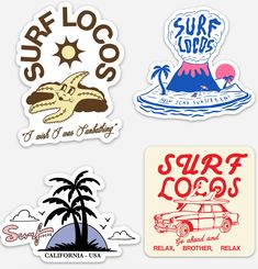 new to the shop! Surf Stickers Vintage, Surf Shop Logos, Surfer Stickers, Vintage Surfwear, Beach Stickers, Car Summer, Ocean Room Decor, Graffiti Ideas, Brandy Melville Stickers