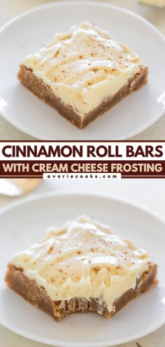 three different views of cinnamon roll bars with cream cheese frosting on top and bottom