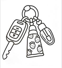 a coloring page with a car key and some other things on the keychain