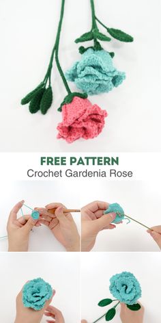 crochet gardenia rose is shown with instructions to make it