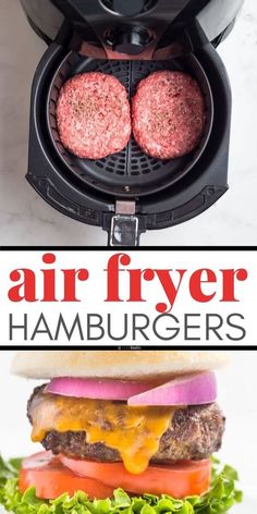 hamburgers being cooked in an air fryer with the words best air fryer hamburgers