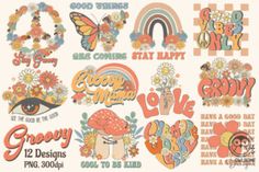 an assortment of stickers with flowers, butterflies and other things in them on a white background