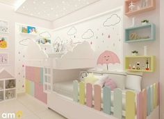 a child's bedroom decorated in pastel colors