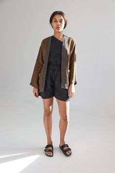 "Linen kimono-style blazer with two patch side pockets. Dropped shoulders and relaxed sleeves make this cardigan democratic for various body types. It goes well with tapered and palazzo pants or even shorts. Great for warm summer evenings. This linen jacket is crafted from exclusive jacquard linen. Its delicate and luxurious lace pattern reminds hand knitted cardigans. The fabric has a really chic look that makes this blazer a perfect pick not only for casual but also more formal occasions. Doub Linen Jackets Women, Linen Kimono, Blazer Casual, Summer Tan, Knitted Cardigans, Linen Cardigan, Linen Tank Top, Linen Tee, Style Blazer