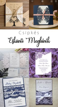 the wedding stationery is shown with purple flowers and blue laces on it, along with