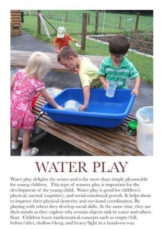 two children playing in a blue water play tub on a picnic table with the caption'water play '