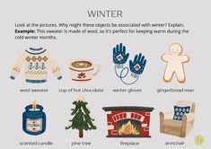 an image of winter items that are in english and spanish words with pictures on them