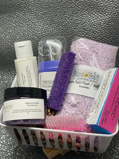 Pamper yourself or someone special with one of our pedicure gift packs. Each "basket" comes with  our peppermint Lavender foot soak, salt scrub and our rich hand made shea  and cocoa butter happy feet peppermint cream. We also included a pumice stone and other tools for the task. Peppermint Cream, Foot Soak, Pumice Stone, Relax Spa, Salt Scrub, Foot Cream, Dried Lavender, Spa Kit, Beauty Spa