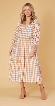 Veronica Dress, Brown Gingham, Soft Brown, Gingham Check, Back In Stock, Clothes Ideas, V Neckline, Gingham, Bell Sleeves