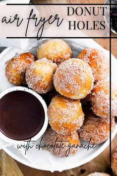 donut holes with chocolate sauce on a white plate and text overlay that reads, donut air fryer holes