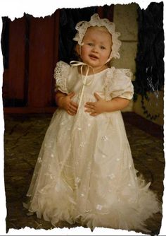 A Memory To Behold £280.00  This Beautiful timeless christening gown is lovingly made with dupioni silk, and hand embroidered with a French mesh overlay on the skirt.   The matching bonnet is included making this the perfect christening dress for your special little angel! Baptism Dress, Gowns For Girls, Baby Christening