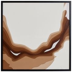 an abstract painting in brown and white with black frame on the wall above it is a large piece of art that appears to be wavy shapes