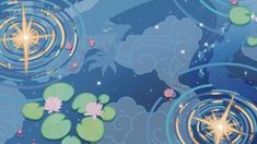 an animated scene with water lilies and stars in the sky, surrounded by clouds