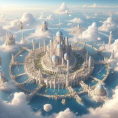 an artist's rendering of a futuristic city surrounded by clouds