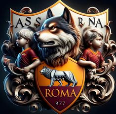 the logo for as roma, with two children and an animal on it's shield