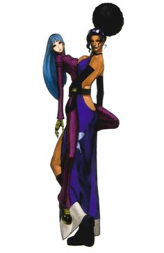 two women dressed in different colored outfits, one with blue hair and the other wearing black