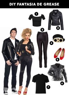 a woman and man are dressed up in black clothes, with text that reads diy fantasia de grease