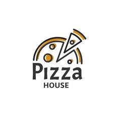 pizza house logo design with slice of pizza on the plate and lettering in black and orange colors