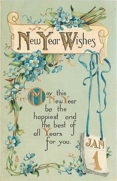 new year wishes with blue flowers and ribbons