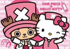 an image of hello kitty and her cat friend with the caption one piece x hello kitty