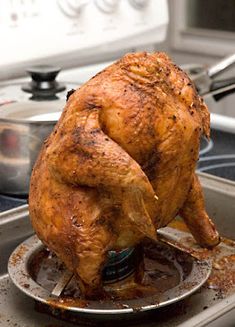 a cooked chicken sitting on top of a pan