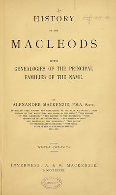 an old book with black writing on the front and back cover, which reads history of the maclefoos